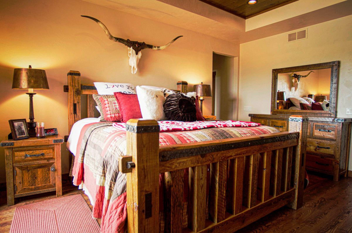 Western bedroom with longhorn skull and heavy timber bed, Longhorn Hideaway project, Eastern Wisconsin