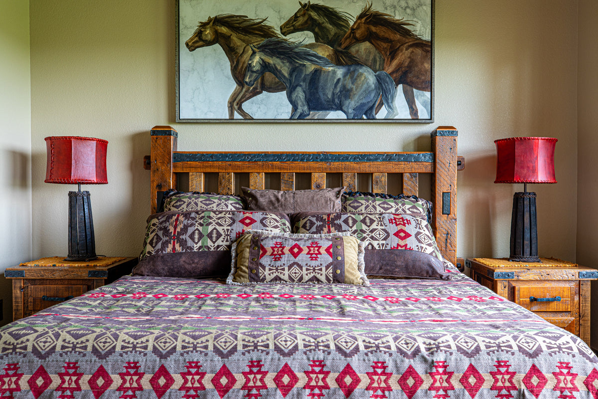 Western bedroom with running-horse art and Navajo-pattern bedding, Winter Peak project, Timnath, CO